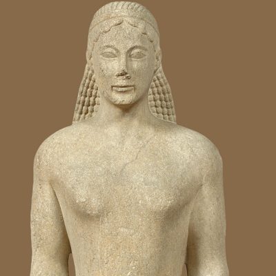 10
Marble votive kouros (naked youth) from Ptoon.
ca. 550 BC.