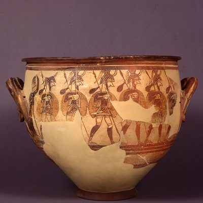 Large krater depicting men in full armour. ‘House of the Warrior krater’, Mycenae acropolis. 12th century BC.