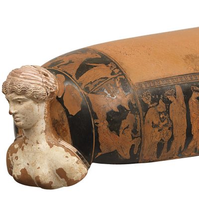 Attic red-figure epinetron (semi-cylindrical clay object used for carding wool). From Eretria. By the Eretria Painter (A 1629).