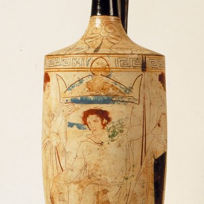 Attic white-ground lekythos. From Eretria. By a painter of the Group R. 410-400 B.C. (A 1816).