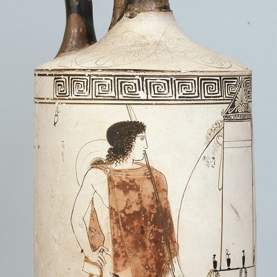 Attic white-ground lekythos. Visit to the grave. From Eretria. By the Bosanquet Painter (A 1935).