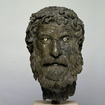 Portrait head and parts of a bronze statue of a philosopher. From the Antikythera Shipwreck (retrieved in 1900–1901). Ca. 230 BC or shortly thereafter (Χ 13400, X 15105, X 15108, X 15091, X 15090, X 18932, X 15088).