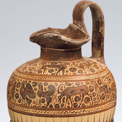 Corinthian black-figure trefoil oinochoe with lid. From Corinth. By the Dodwell Painter. 600-575 B.C. (A 262)
