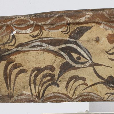 Kymbe with painted decoration of wild goats in lush vegetation on one side and dolphins in a marinescape on the other. Akroteri, Thera, 16th cent. BC.