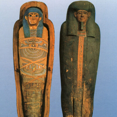 Wooden sarcophagus with the mummy of Hapi, the so-called 'Khor', son of Pami, with gilt mask. Ptolemaic period (304-150 BC).