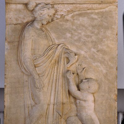 3845
Marble Grave stele of Mnesagora and Nikochares from Vari, Attica.
420-410 BC.