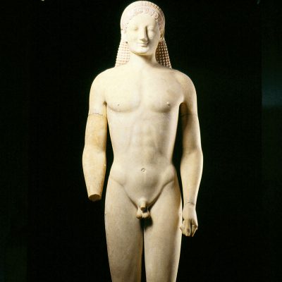 4890 Marble funerary kouros (naked youth) from Merenda, Attica.  ca. 540-530 BC.