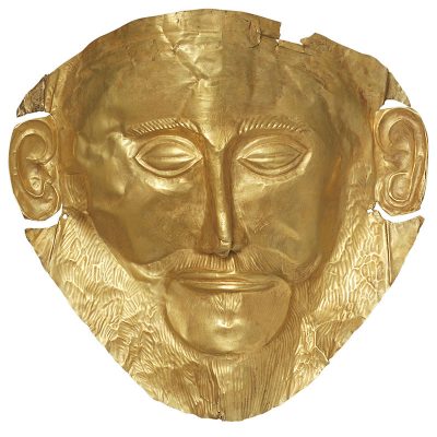 Χρυσή νεκρική προσωπίδα, γνωστή με τη συμβατική ονομασία ''προσωπίδα του Αγαμέμνονα''. Μυκήνες, Ταφικός Κύκλος Α, Τάφος V, 16ος αι. π.Χ.