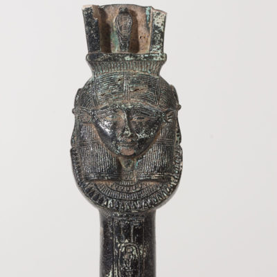 Sistrum inscribed with the cartouche of pharaoh Amasis. Faience. Third Intermediate period. Dynasty XXVI. King Amasis (570-526 BC).
