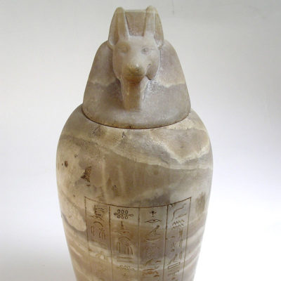 Canopic jar of Iahmes, priest of god Horus. Alabaster. Late period. Dynasty XXX (380-343 BC).