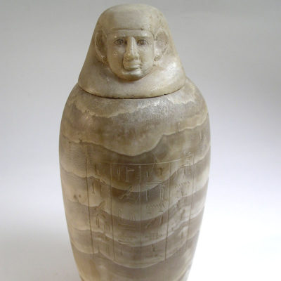 Canopic jar of Iahmes, priest of god Horus. Alabaster. Late period. Dynasty XXX (380-343 BC).