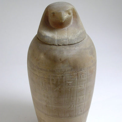 Canopic jar of Iahmes, priest of god Horus. Alabaster. Late period. Dynasty XXX (380-343 BC).