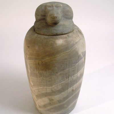 Canopic jar of Iahmes, priest of god Horus. Alabaster. Late period. Dynasty XXX (380-343 BC).