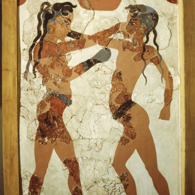 The Boxers fresco. Two naked boys are wearing belt and boxing gloves. Room B1, Building B. Akroteri, Thera, 16th cent BC.