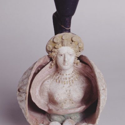 Lekythos with a bust (protome) of Aphrodite. From Tanagra, Boeotia. 400-375 B.C. (Α 2060).
